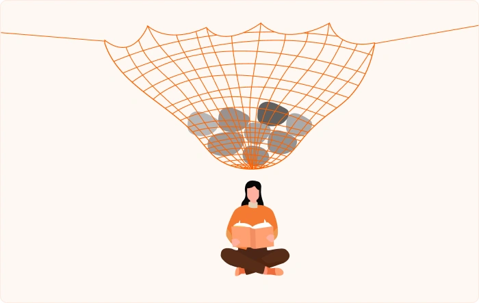 Woman reading a book with a heavy net of rocks hanging over her head.