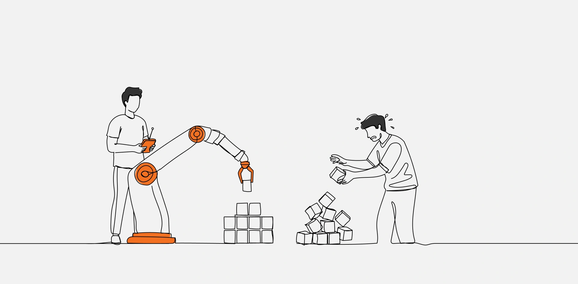 Illustration comparing efficient robotic automation with stressful manual labor.