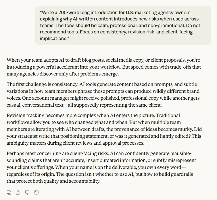 Example of AI-generated blog introduction discussing agency risks of using AI content across teams, highlighting consistency issues, revision tracking, and client trust.