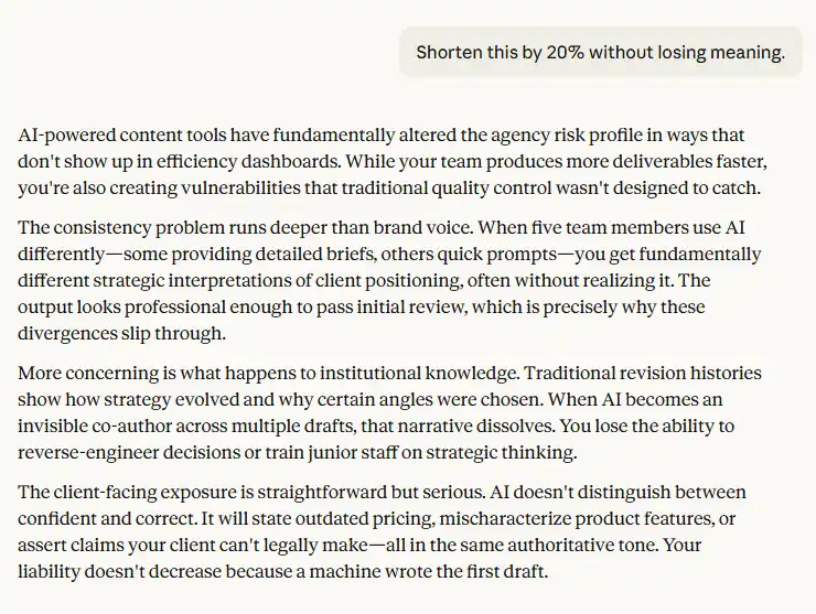 Shortened AI-generated agency blog introduction highlighting strategic inconsistency, institutional knowledge loss, and client risk.