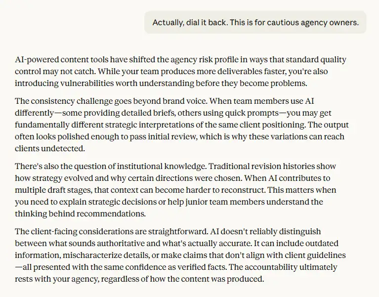 Balanced AI-written agency blog introduction explaining content consistency risks, institutional knowledge loss, and client expectations.