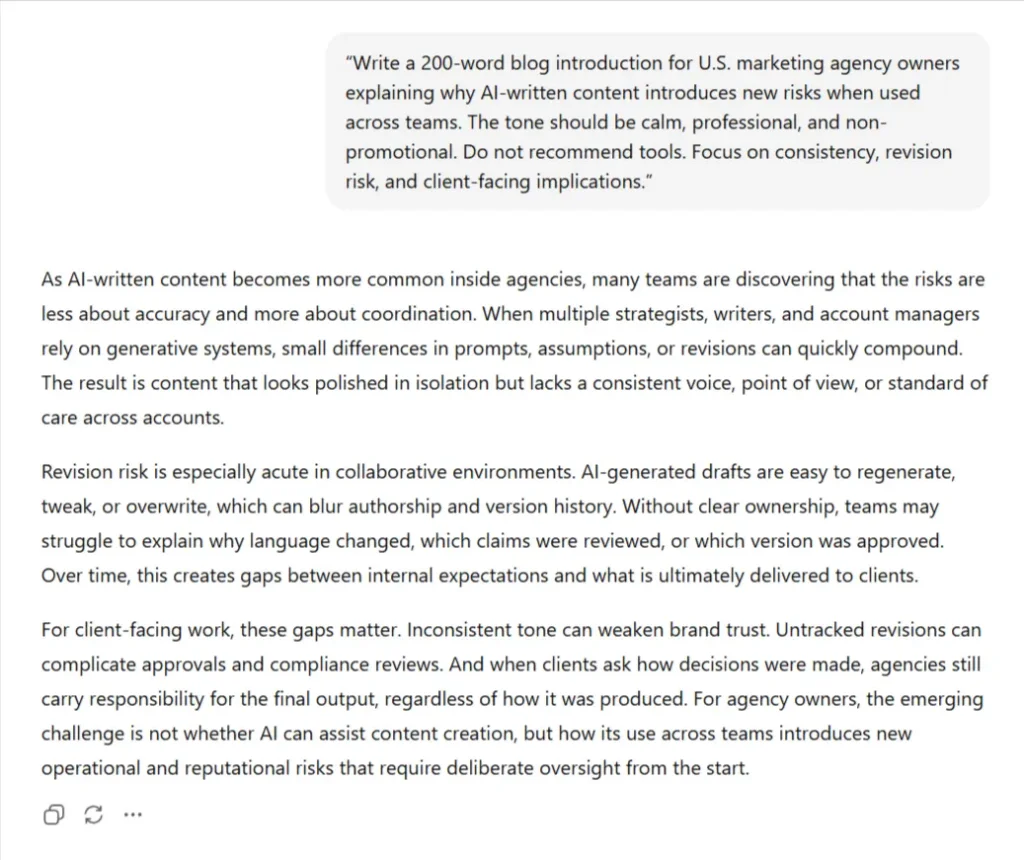 Screenshot of AI-written blog introduction explaining risks of AI-generated content for U.S. marketing agencies, focusing on consistency, revision control, and client-facing accountability.