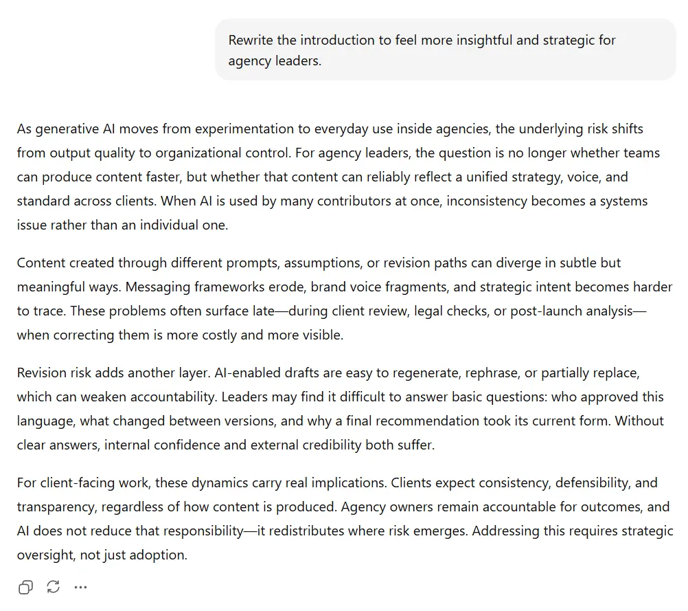 AI-written blog introduction for marketing agency owners focused on strategic risk, revision control, and unified client messaging.