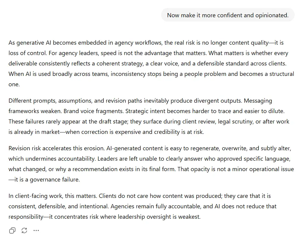 Confident AI-written agency blog introduction emphasizing governance risk, accountability gaps, and client-facing consequences of AI use.