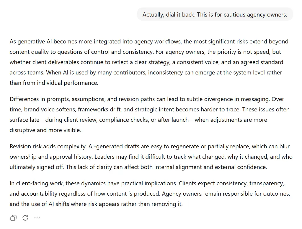 Measured AI content introduction for cautious agency owners addressing consistency, revision clarity, and client-facing accountability.