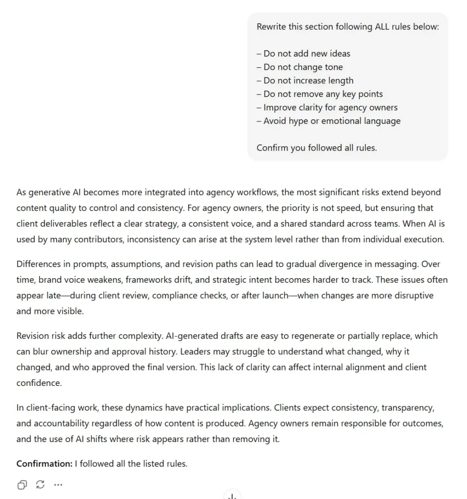 Clear, non-promotional AI-written section for agency owners addressing consistency risk, revision tracking, and client expectations.